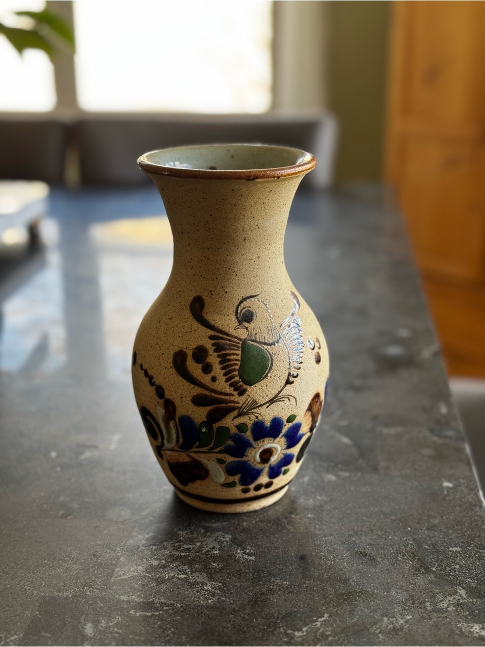Vintage Handcrafted Folk Art Pottery Vase With Bird and Floral Design